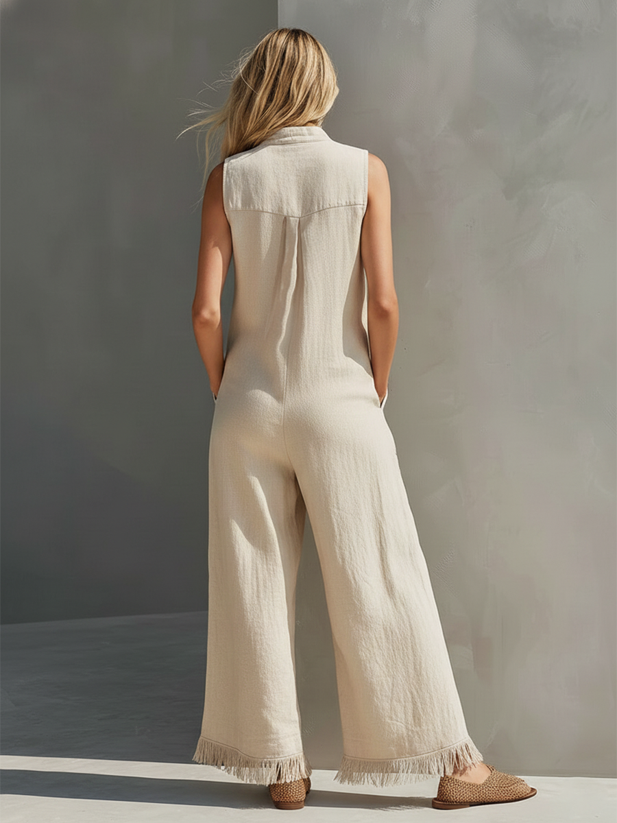 Casual Urban Beige Fringed Cotton-Linen Jumpsuit