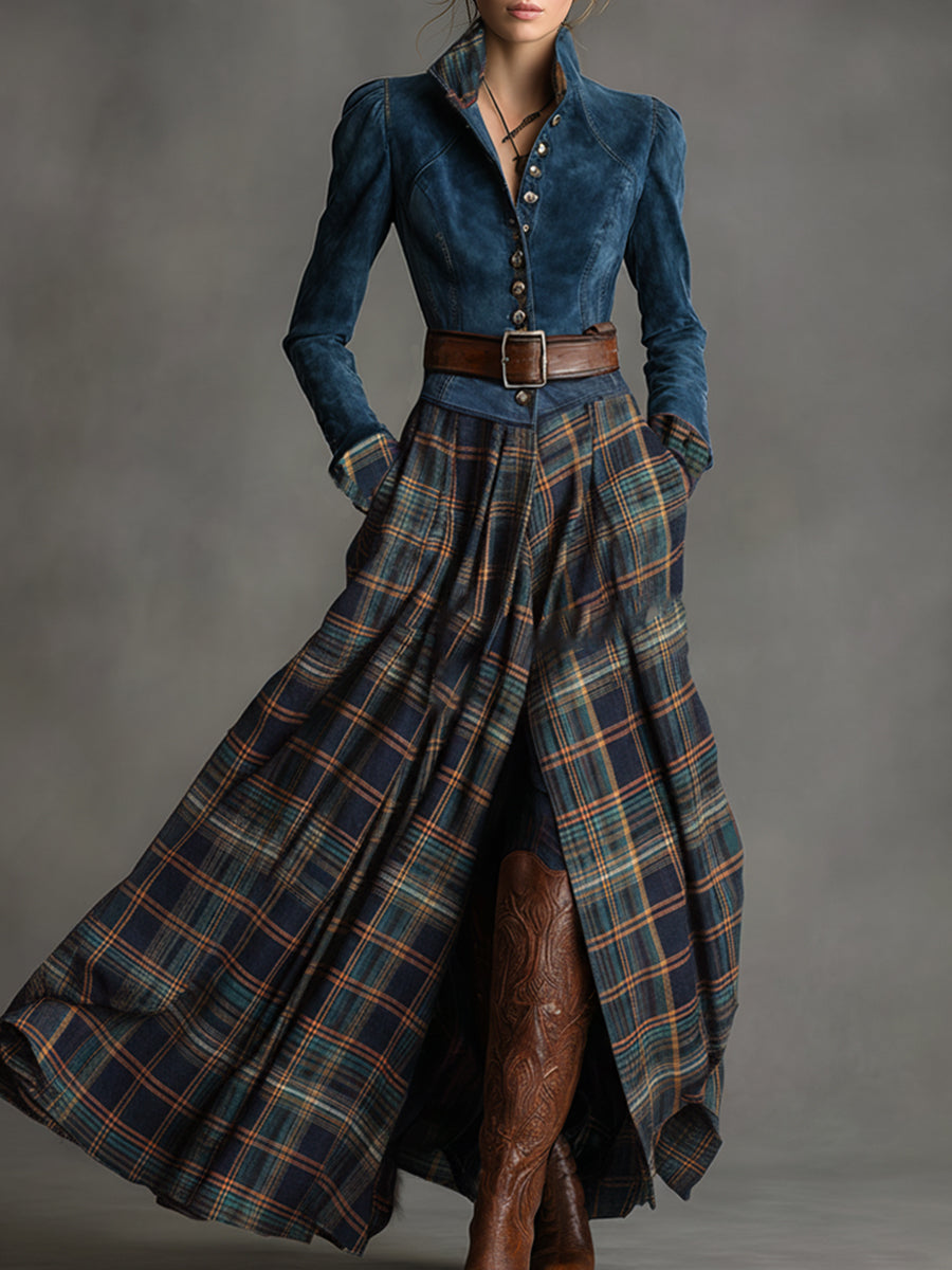 Western Style | Oyrosy Blue Faux Suede Plaid Maxi Dress  OYROSY