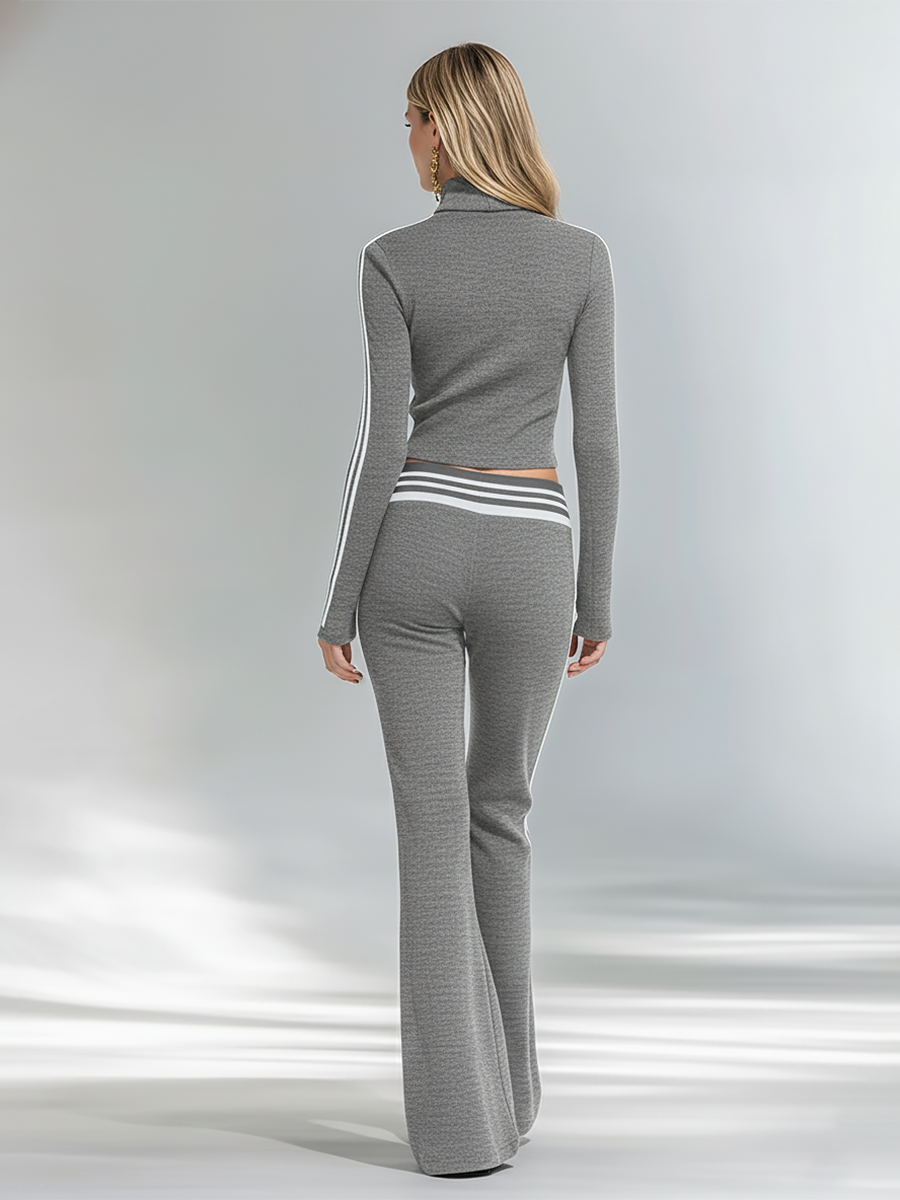 Sporty And Stylish Stand-up Collar T-shirt And Flared Pants Set