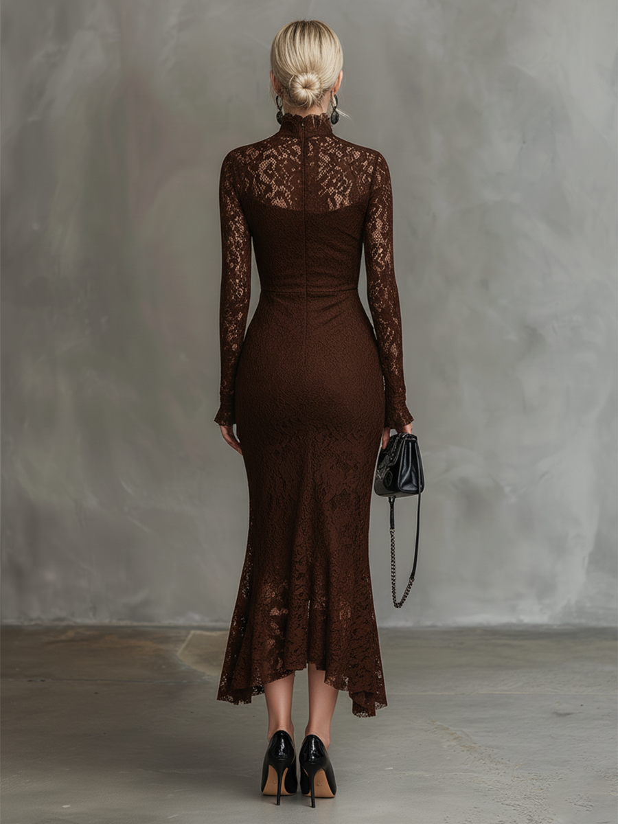 Elegant Party Black Stretch Lace Fishtail Maxi Dress