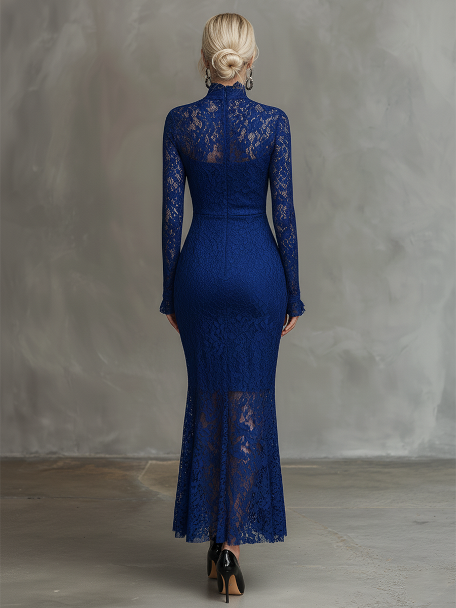 Elegant Party Black Stretch Lace Fishtail Maxi Dress