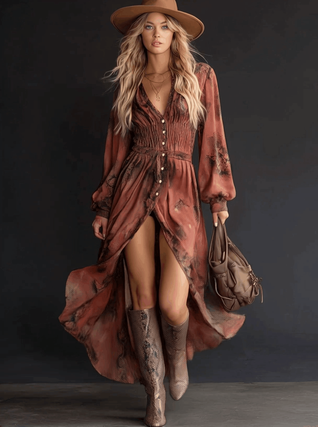 Fashionable Retro Brick Red Chiffon Snakeskin Elastic Waist Long Sleeve Maxi Dress