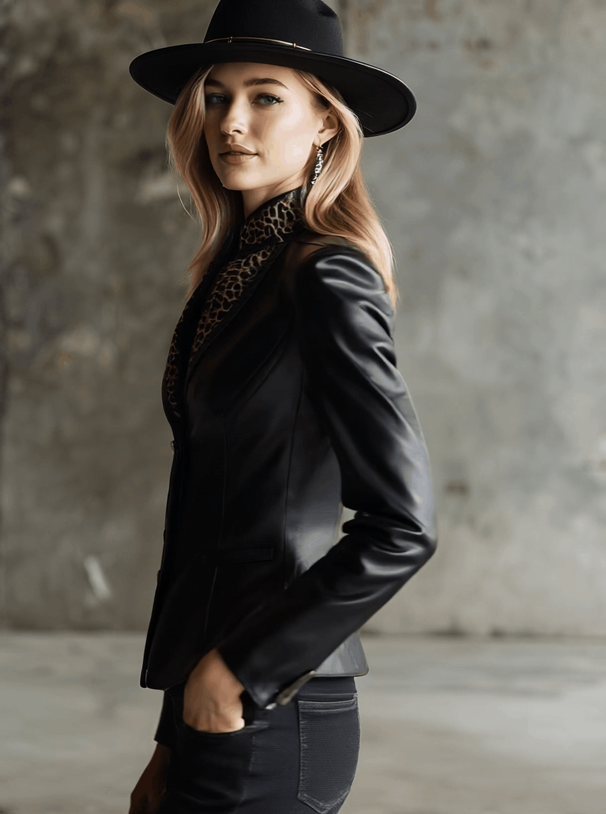 Retro Leopard Print Collar Black Faux Leather Jacket