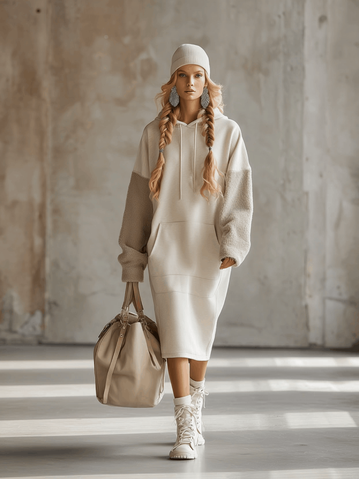 Fashionable Loose Hooded Polar Fleece Sleeve Beige Sweatshirt Midi Dress