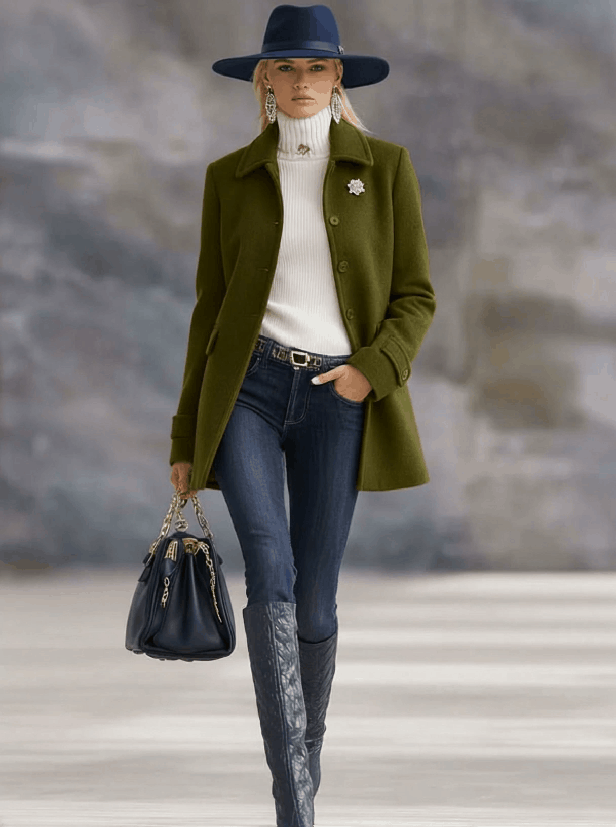 Casual Retro Olive Green Woolen Coat