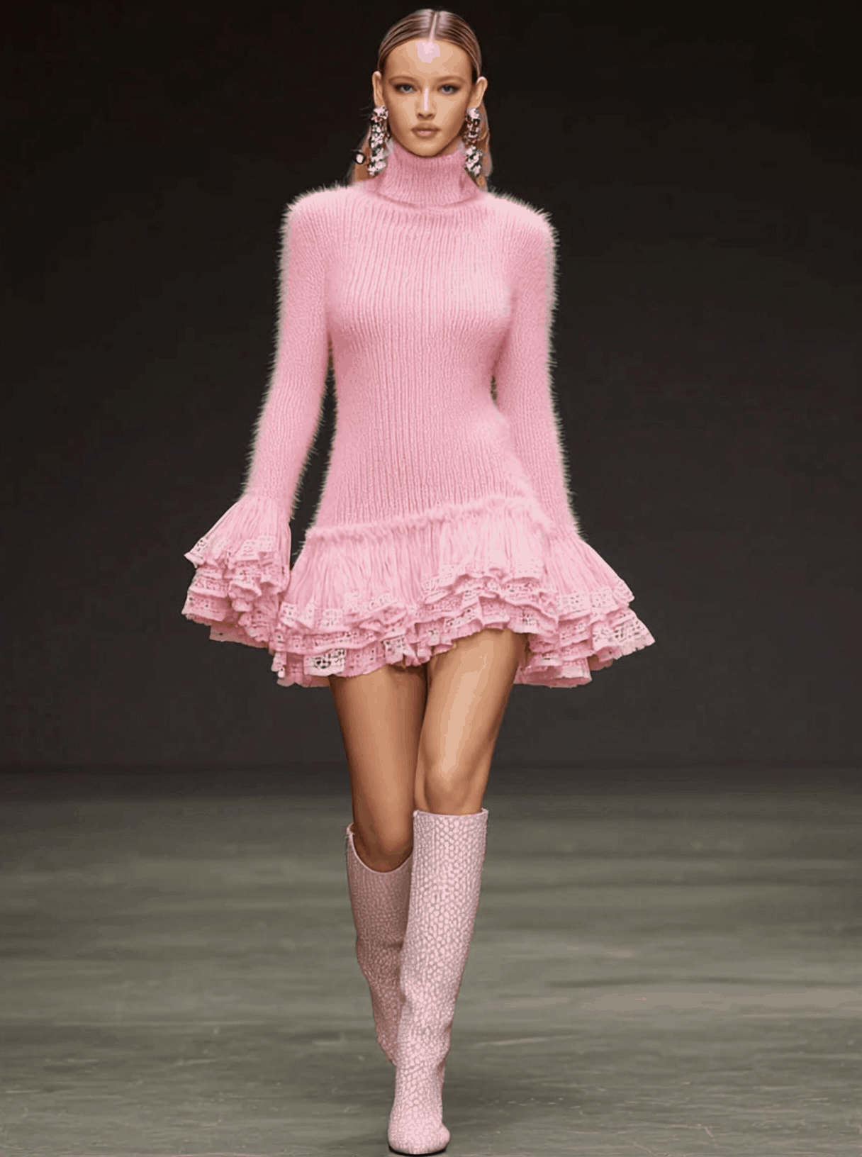 Fashionable Retro Lace Ruffle High Neck Long-haired Pink Knit Mini Dress