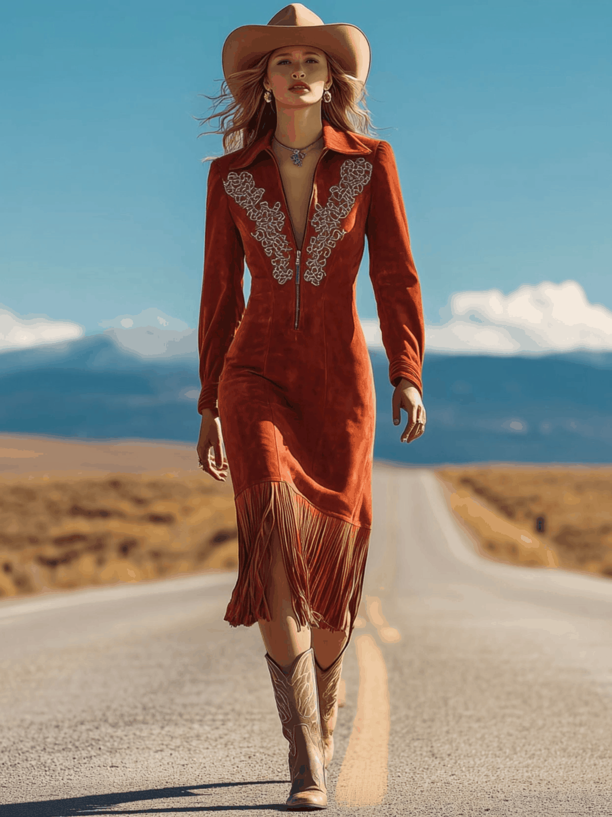 Western Retro Red Faux Suede Embroidered Long-Sleeved Tassel Midi Dress