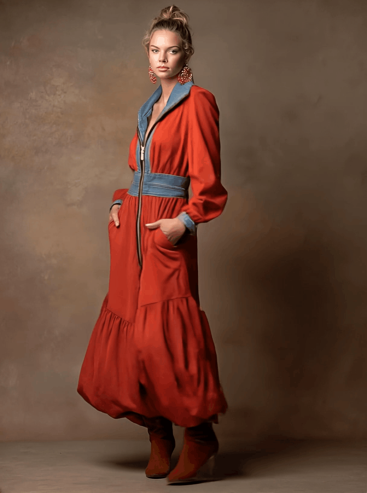 Casual Retro Zip-up Denim Patchwork Red Sweatshirt Dress With Tulip-shaped Maxi Dress