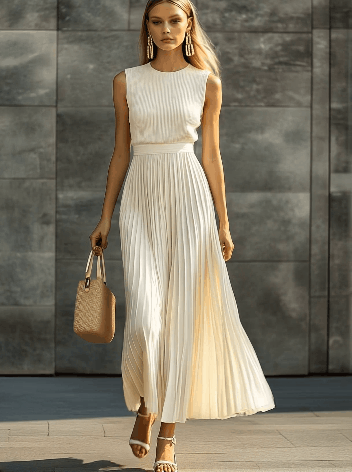 【24-hour shipping out】Elegant Casual And Comfortable Cream Knitted Chiffon Pleated Hem Maxi Dress