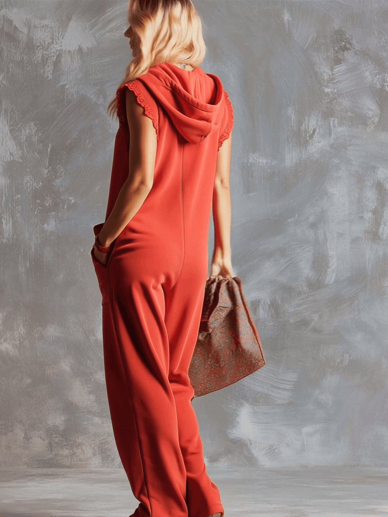 Retro Fashiona Sporty Hooded V-neck Front Zipper Raspberry Red Cotton Jumpsuit