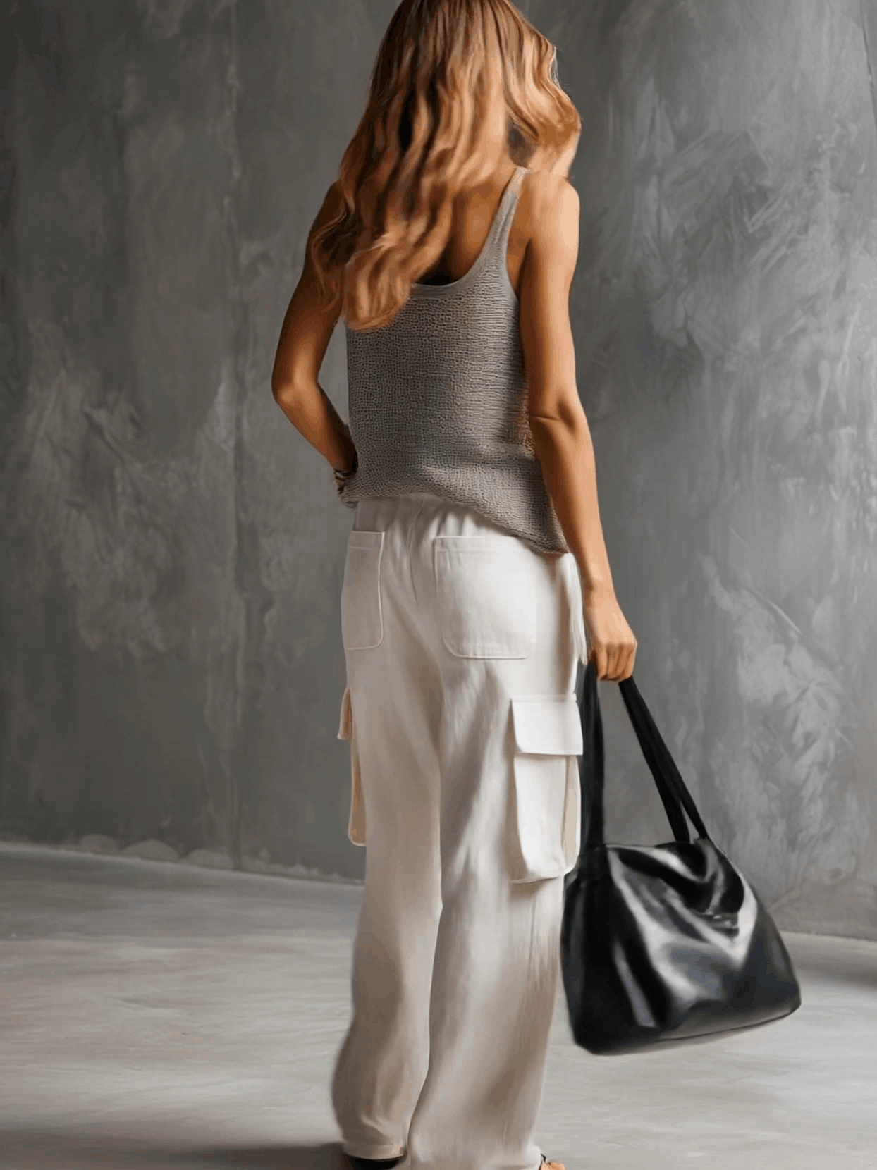 Vacation Retro Gray Mesh Knit Vest And White Cotton Linen Work Pants Set