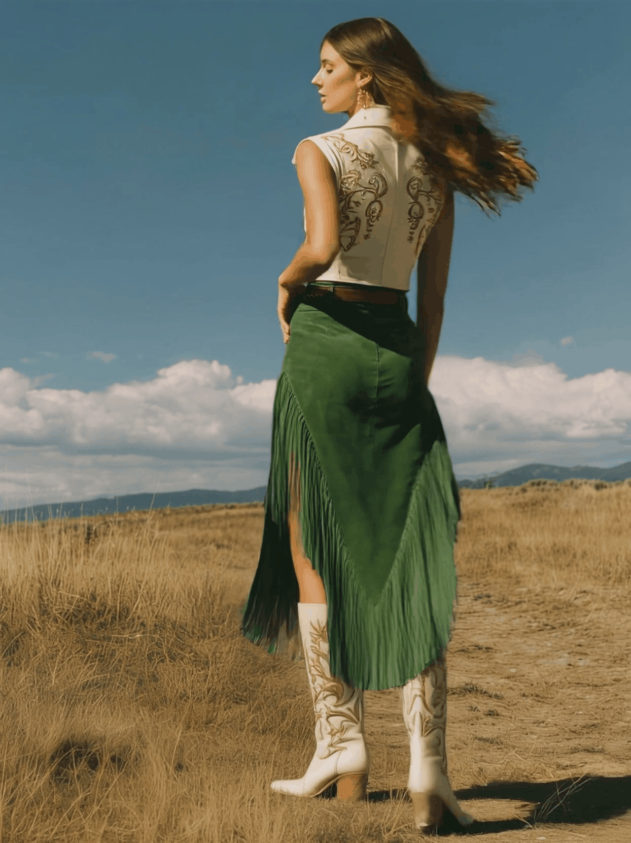 Western Retro Green Fringed Faux Suede Midi Skirt