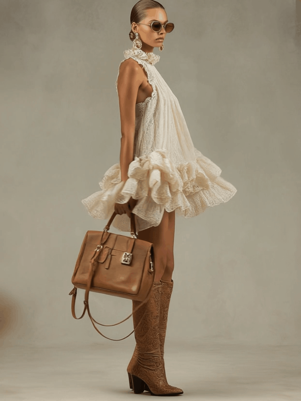 Vacation Retro Beige Lace Sleeveless Ruffled Mini Dress