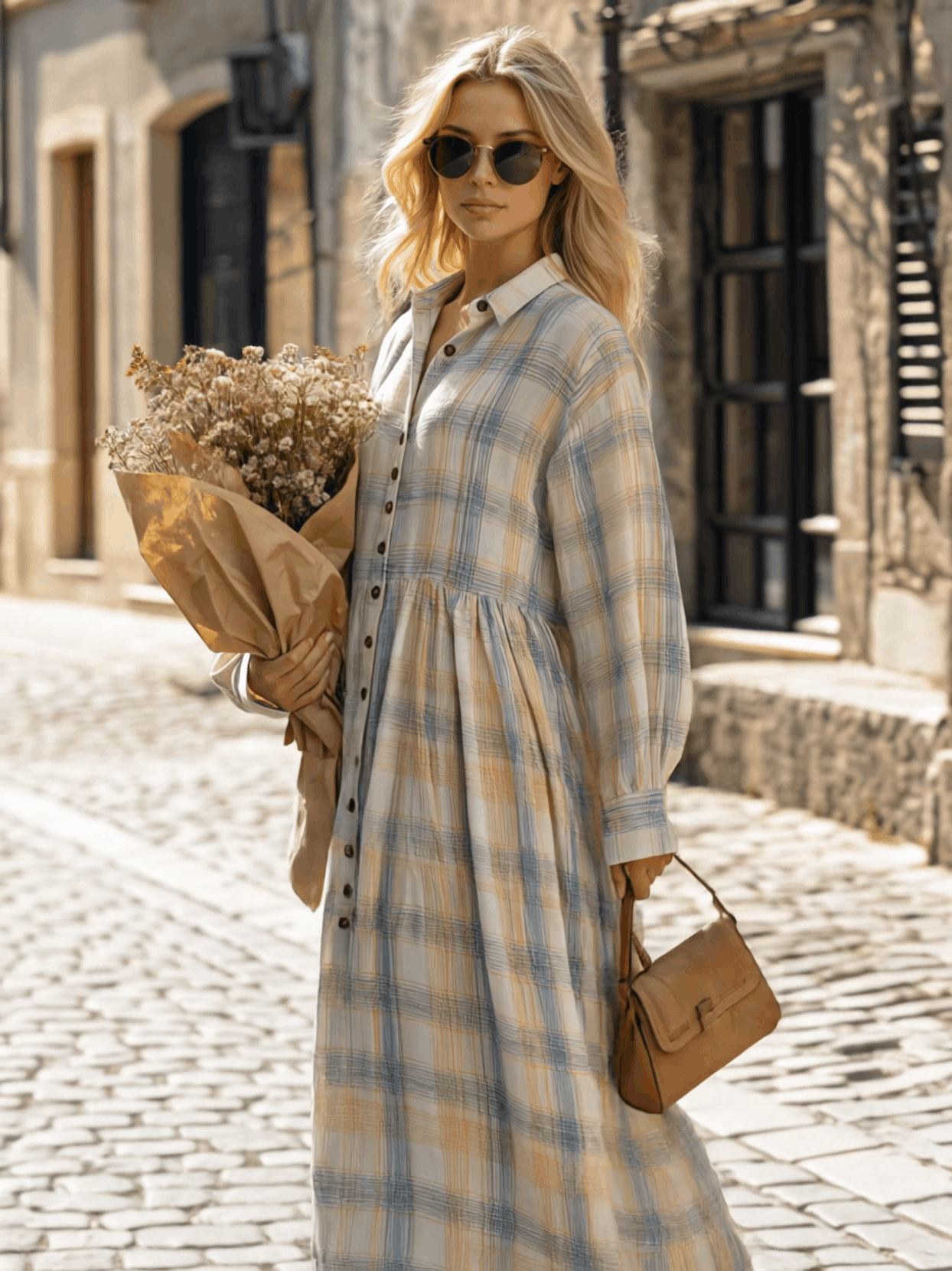 Casual Retro Collared Button Long-sleeved Plaid Cotton Maxi Dress