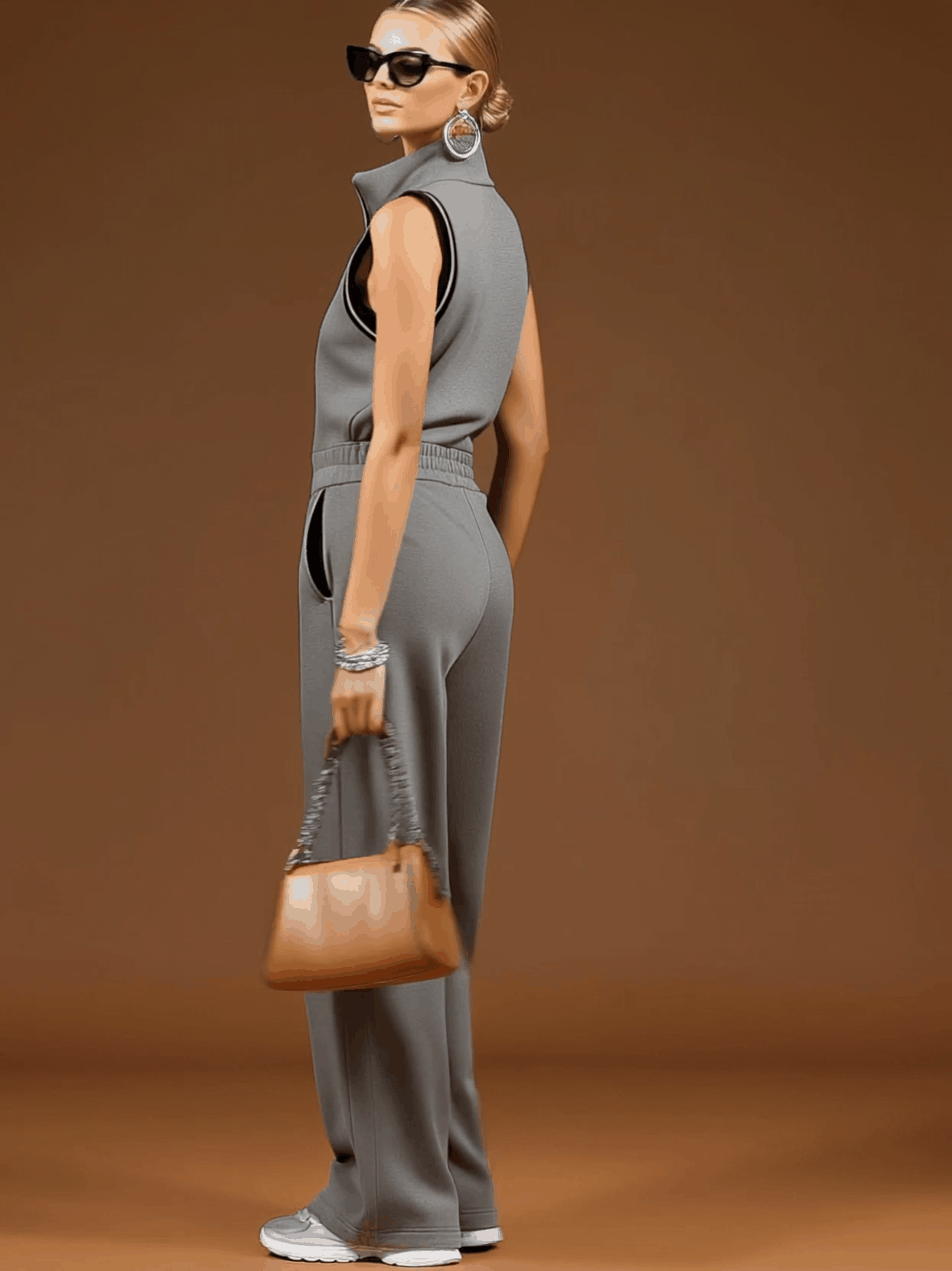 Casual Sporty Retro Dark Gray Cotton Blend Zipper Sleeveless Jumpsuit