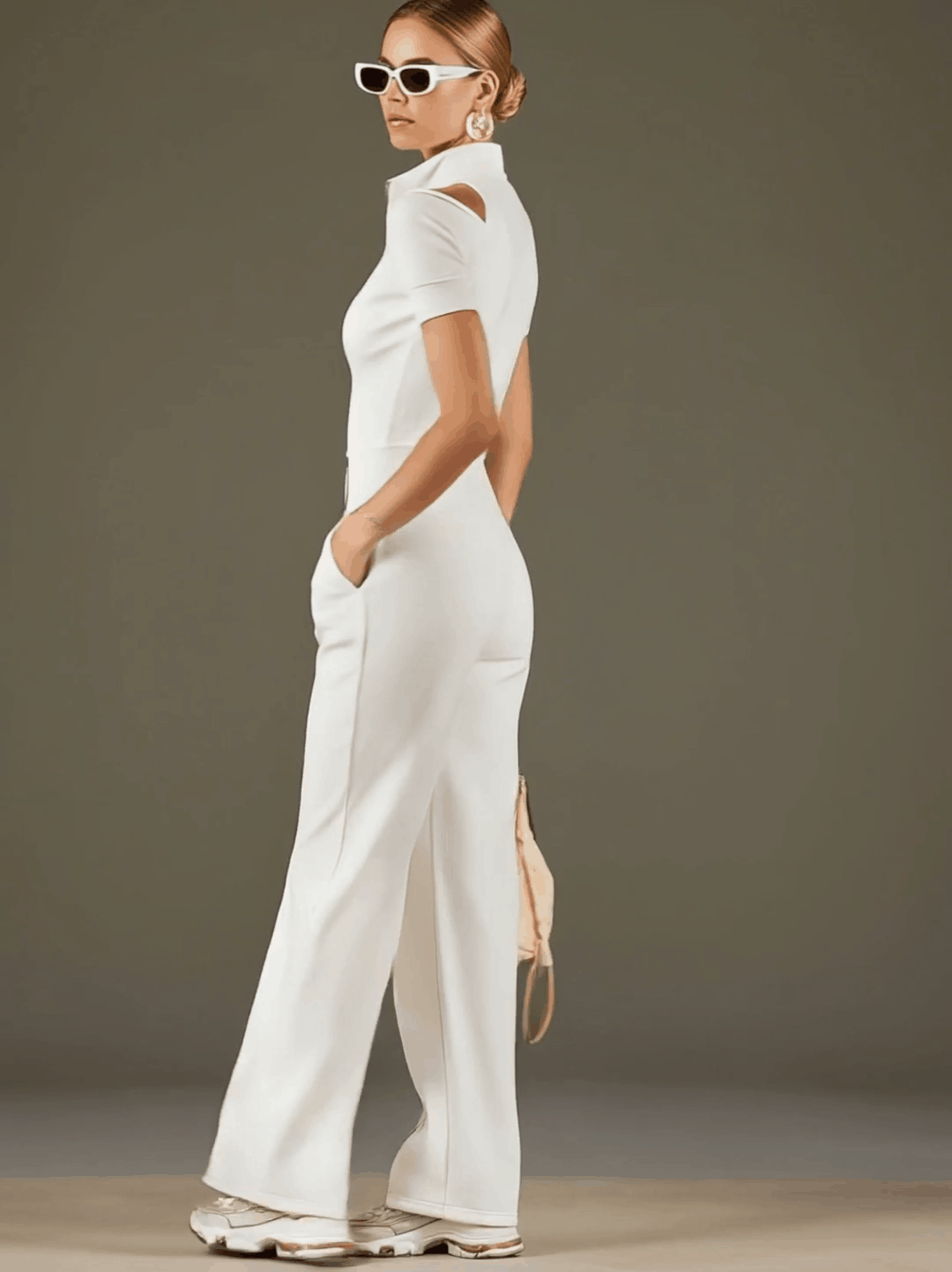 Sporty Retro Short-sleeved Openwork Ribbon White Cotton Blend Wide-leg Jumpsuit