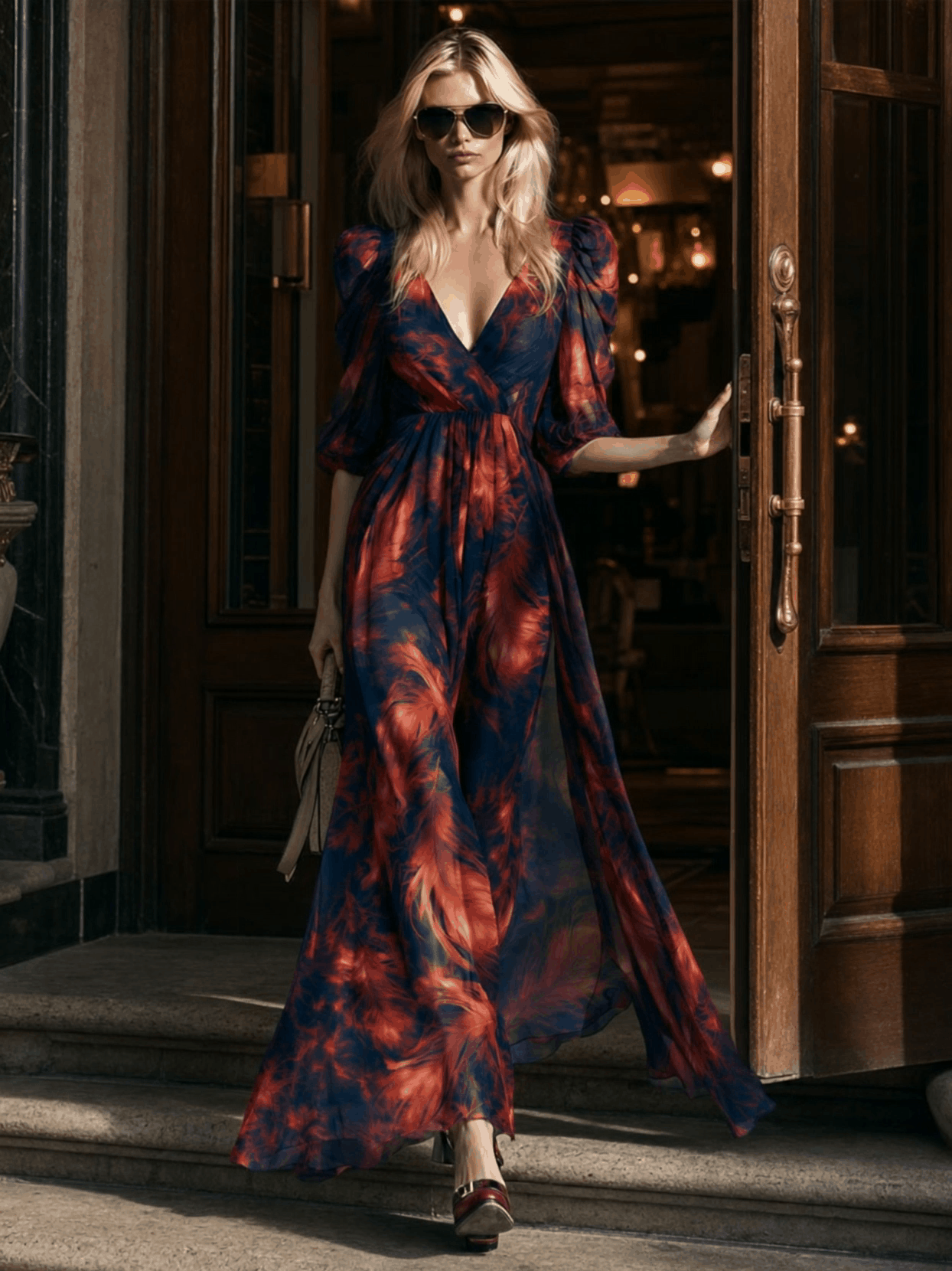 Retro Elegant Red Feather Print Blue V-neck Chiffon Maxi Dress