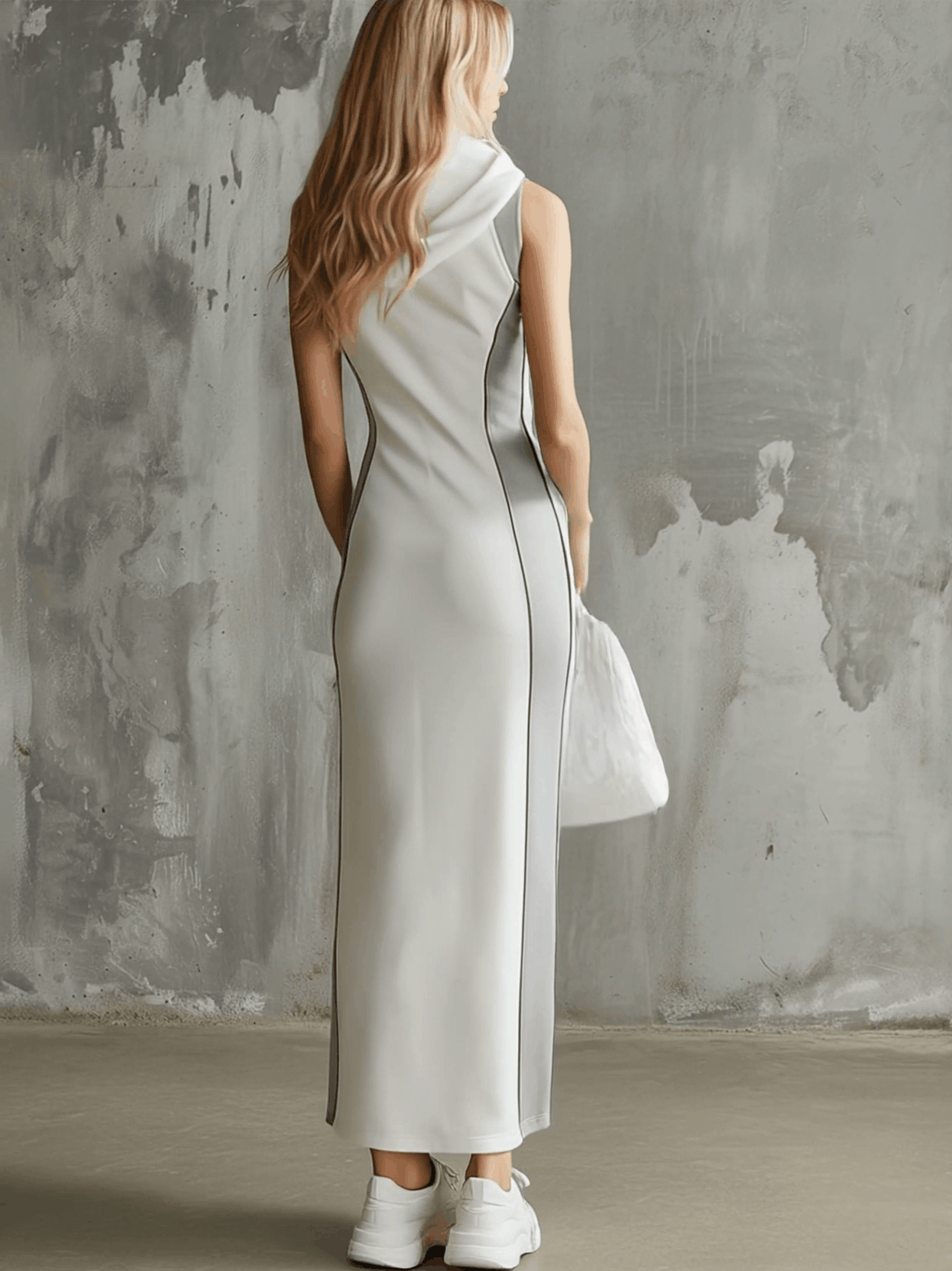 Casual Gray Color-blocked White Split Hooded Cotton Midi Dress