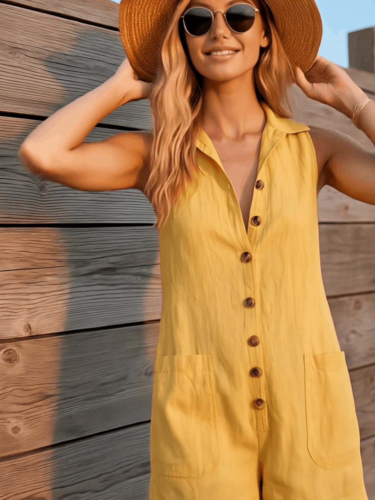 Casual Retro Yellow Collared Button Pocket Cotton Linen Shorts Jumpsuit