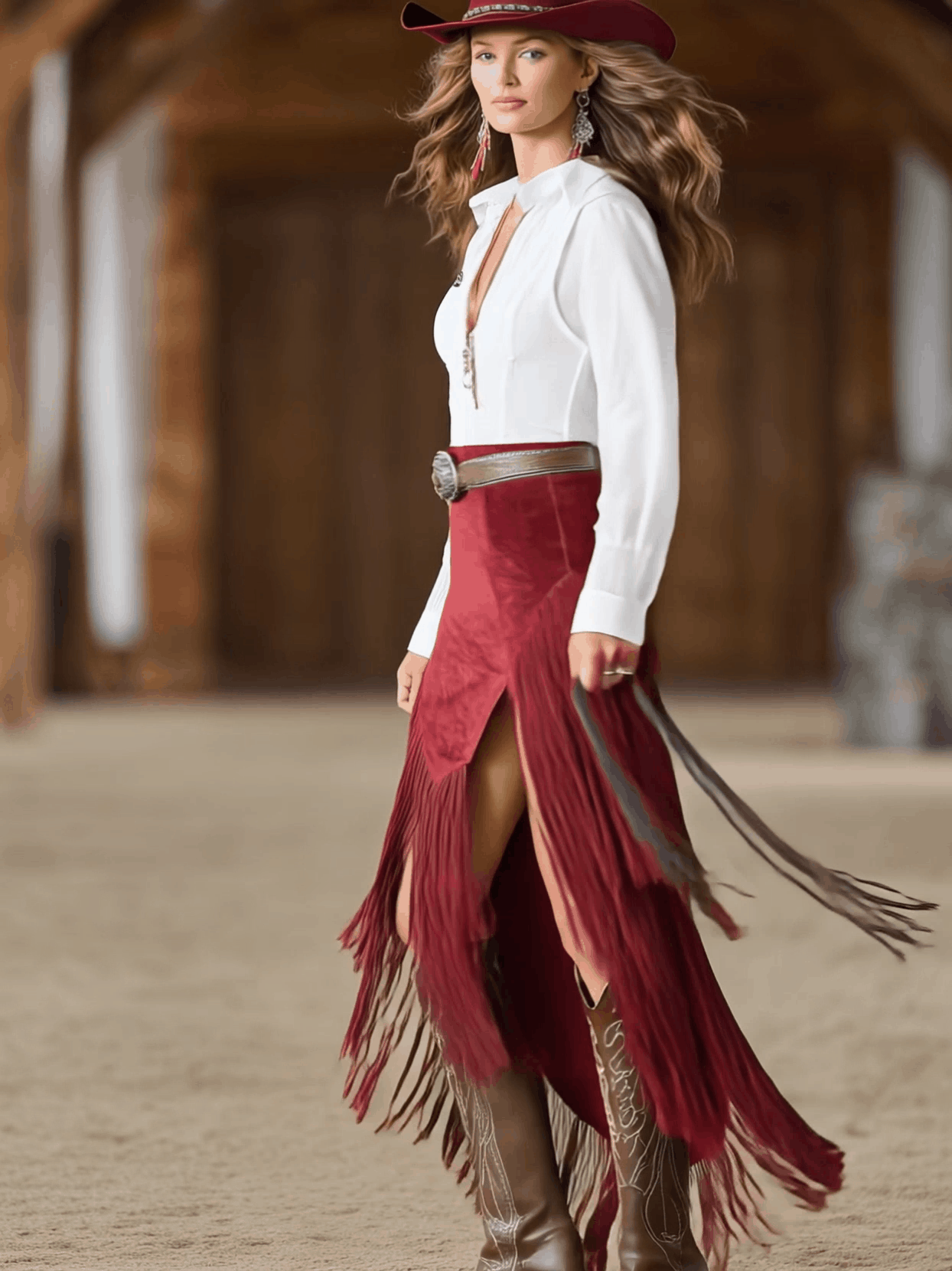 Western Retro Red Faux Suede Slit Fringe Midi Skirt