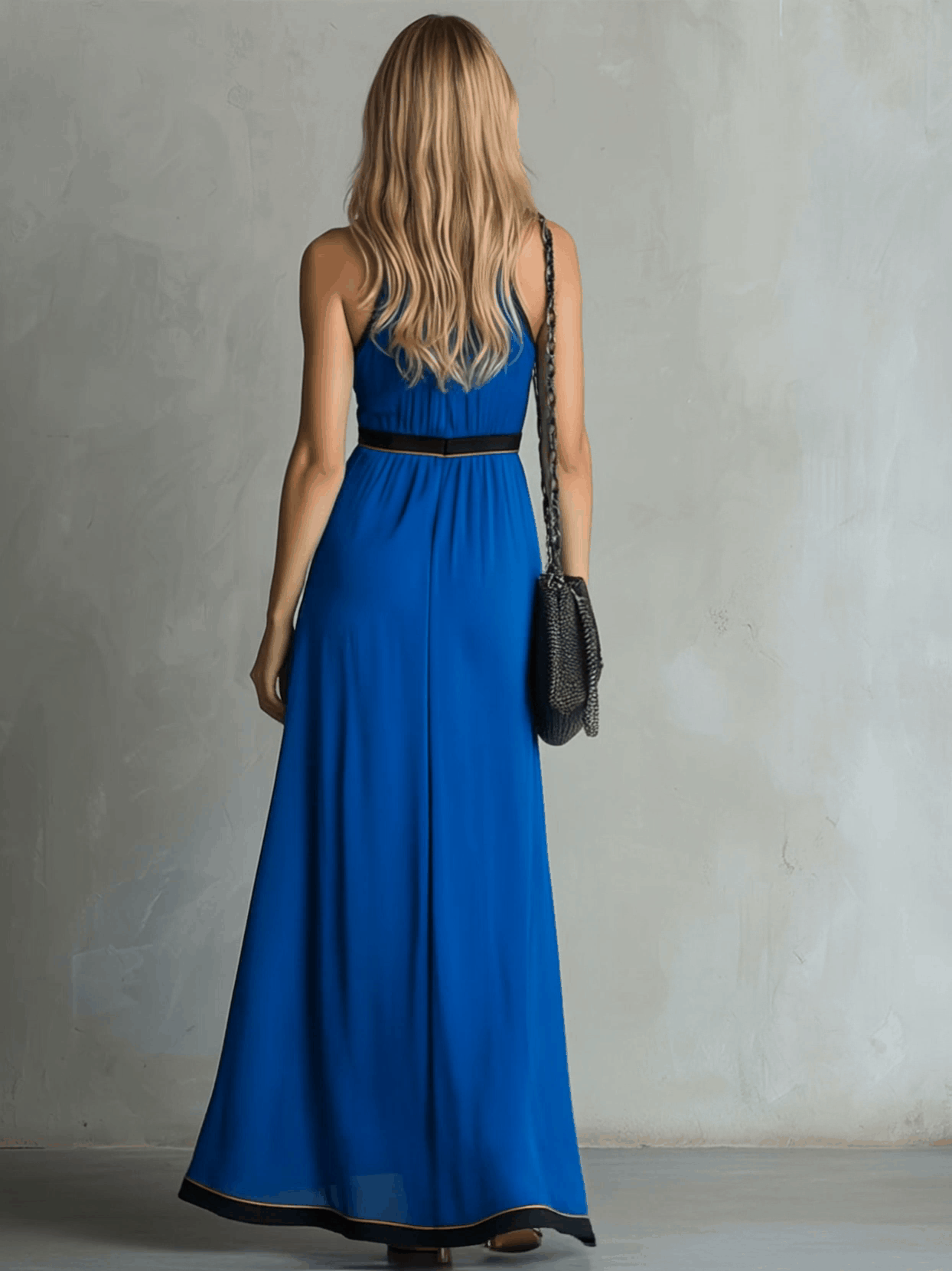 Elegant Retro Color-blocked Blue Sleeveless V-neck Chiffon Maxi Dress