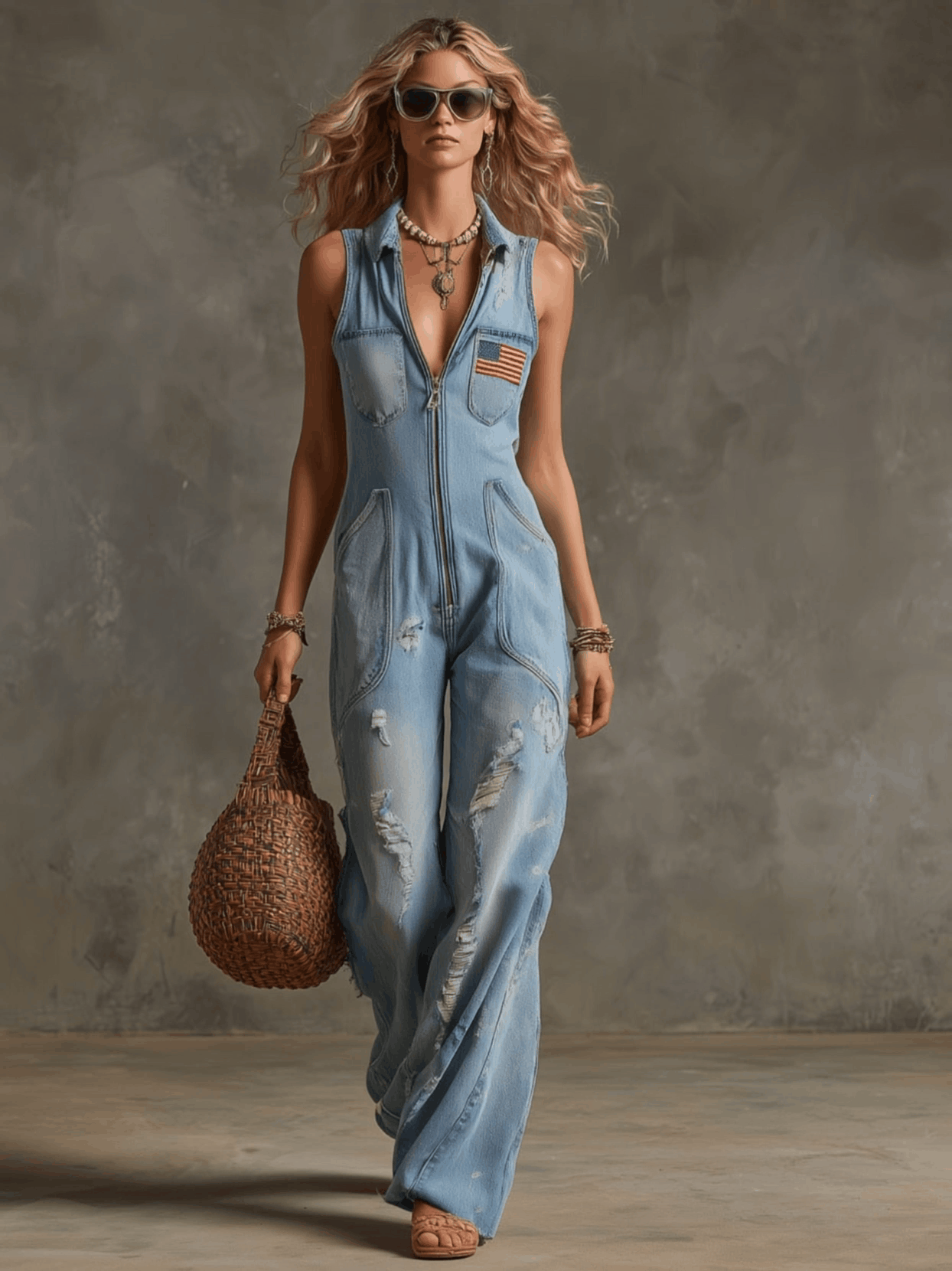 Western Retro American Flag Ripped Light Blue Denim Sleeveless Jumpsuit