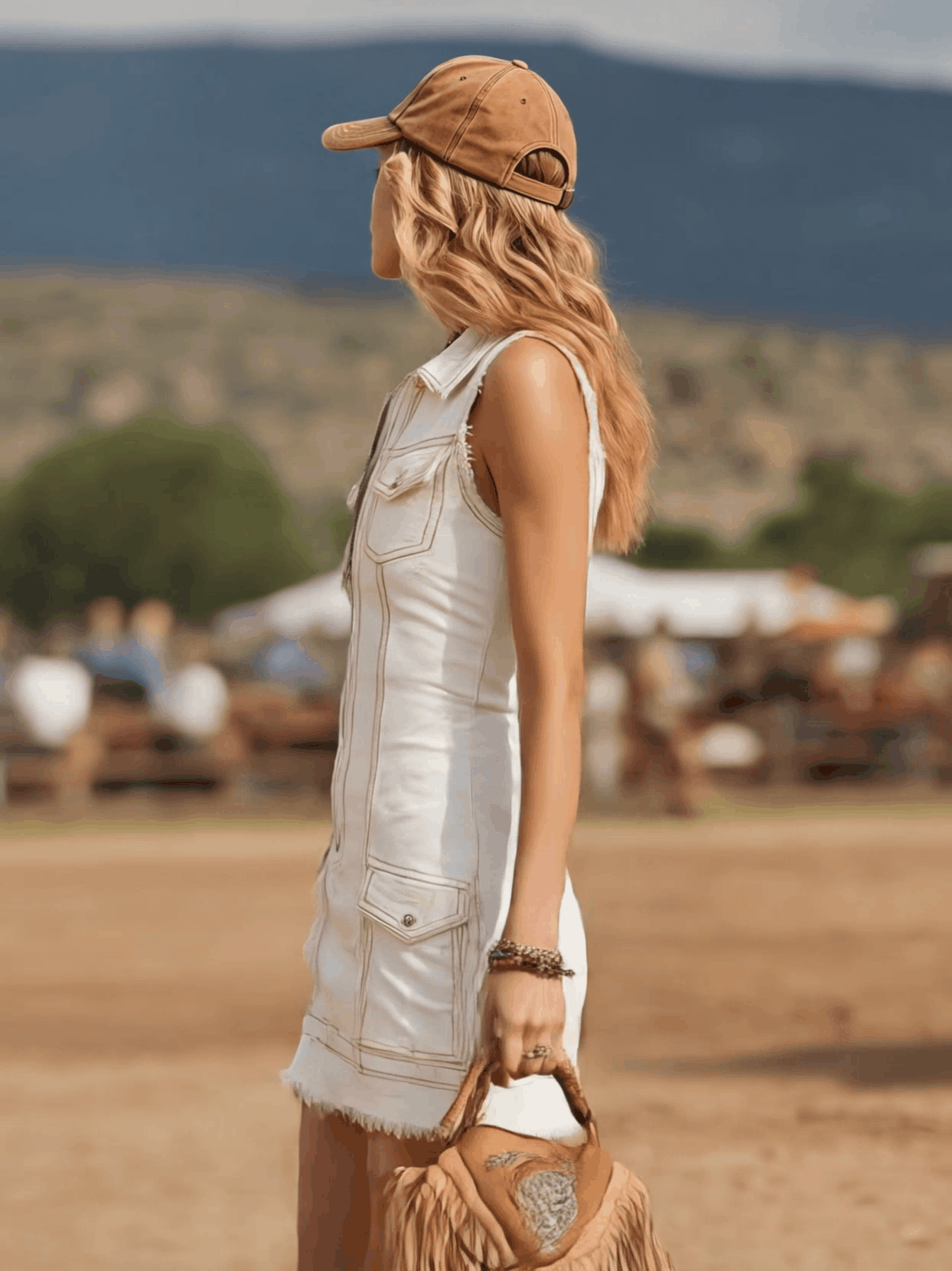 Western Retro Frayed Cream Denim Zip-up Sleeveless Mini Dress