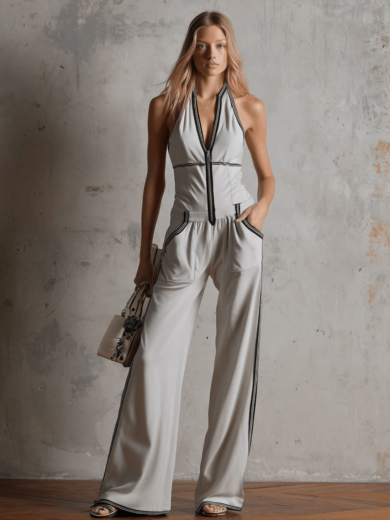 Casual Retro Black Ribbon Gray Sleeveless V-Neck Cotton Blend Jumpsuit