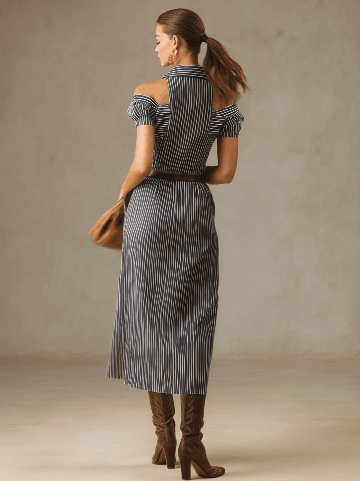 Western Retro Striped Navy Blue Faux Suede Cutout Short-sleeved Midi Dress