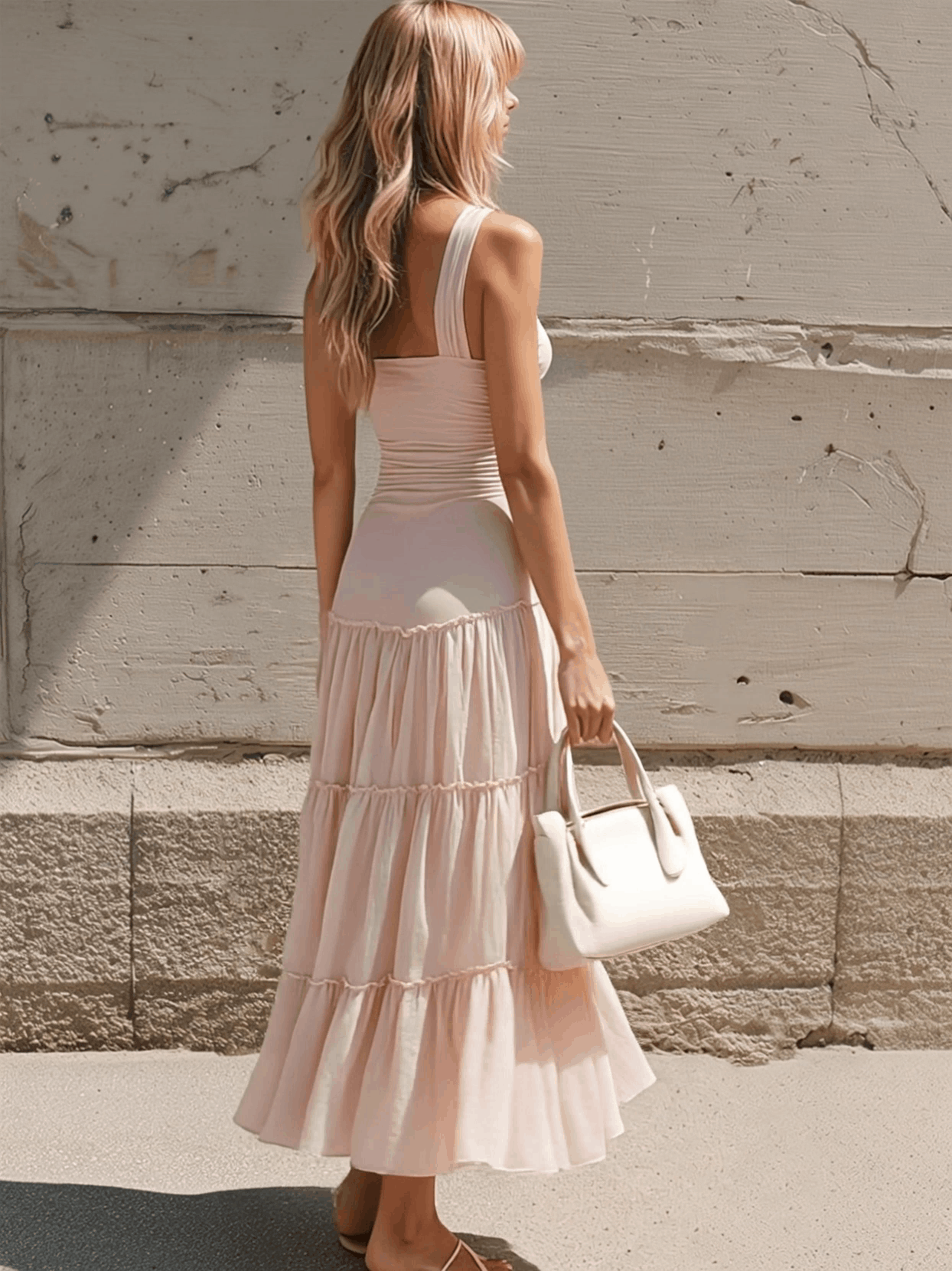 Retro-elegant Pink Sleeveless Low-waisted Cotton And Chiffon Midi Dress