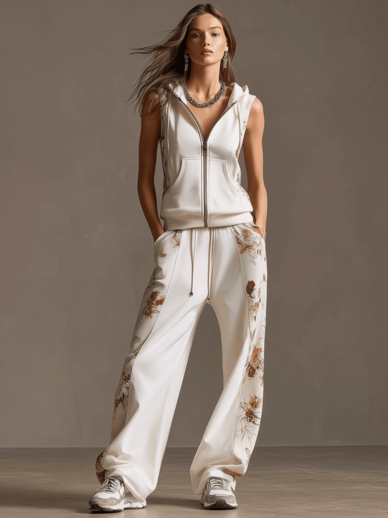 Sporty Retro Floral Velvet Patchwork White Sleeveless Hooded Sweatshirt And Pants Set