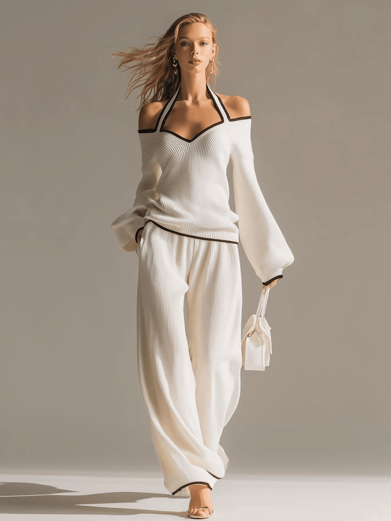 Elegant Color-blocked White Halter-neck Long-sleeved Knit Top And Pants Set