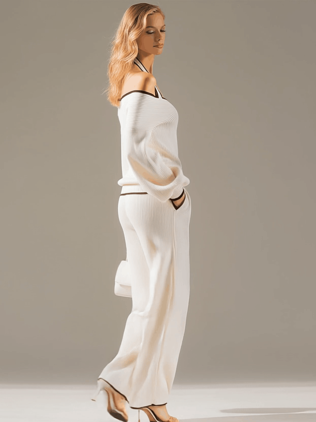 Elegant Color-blocked White Halter-neck Long-sleeved Knit Top And Pants Set