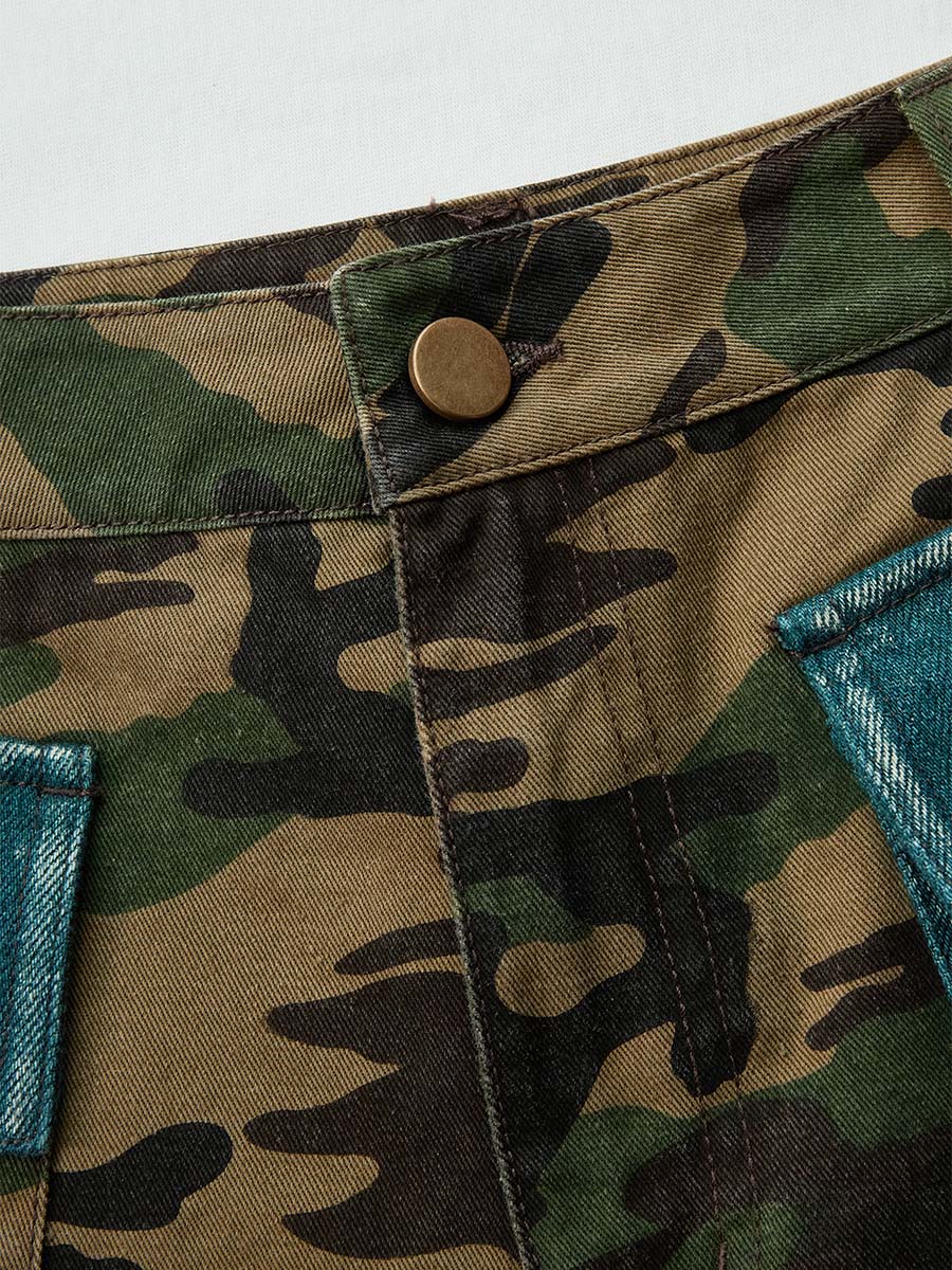 Vintage-style Olive Green Camouflage Denim Workwear Shorts