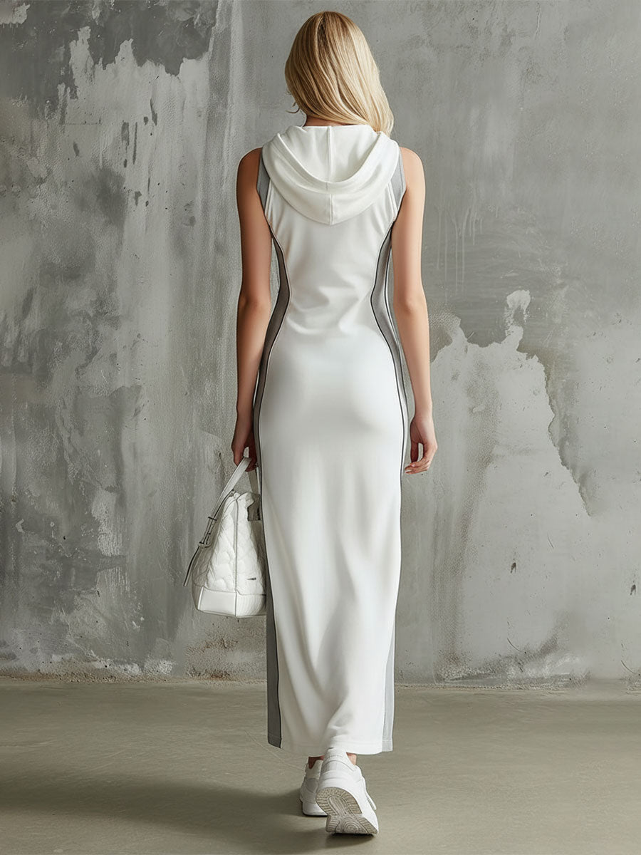 Casual Gray Color-blocked White Split Hooded Cotton Midi Dress