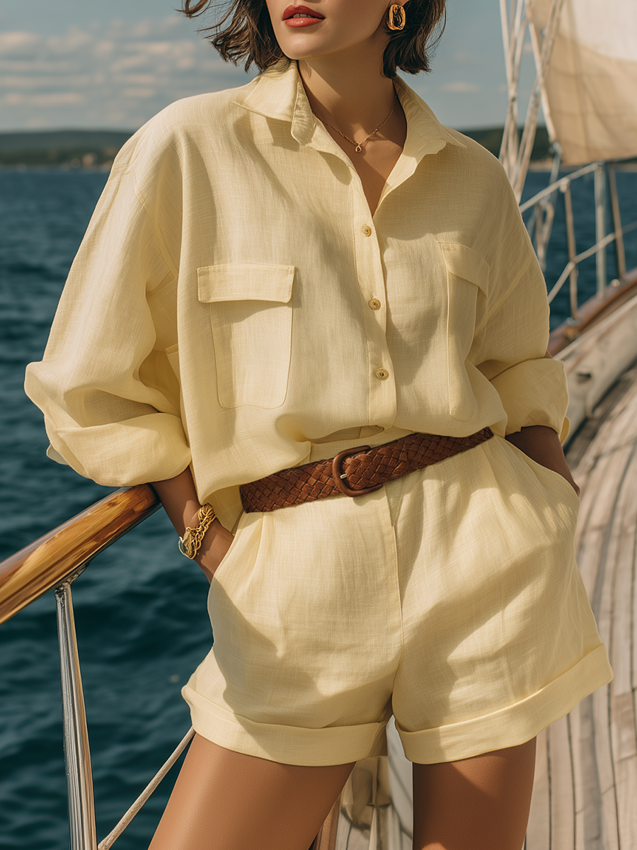 Simple And Stylish Resort-style Yellow Cotton And Linen Shirt And Shorts Set