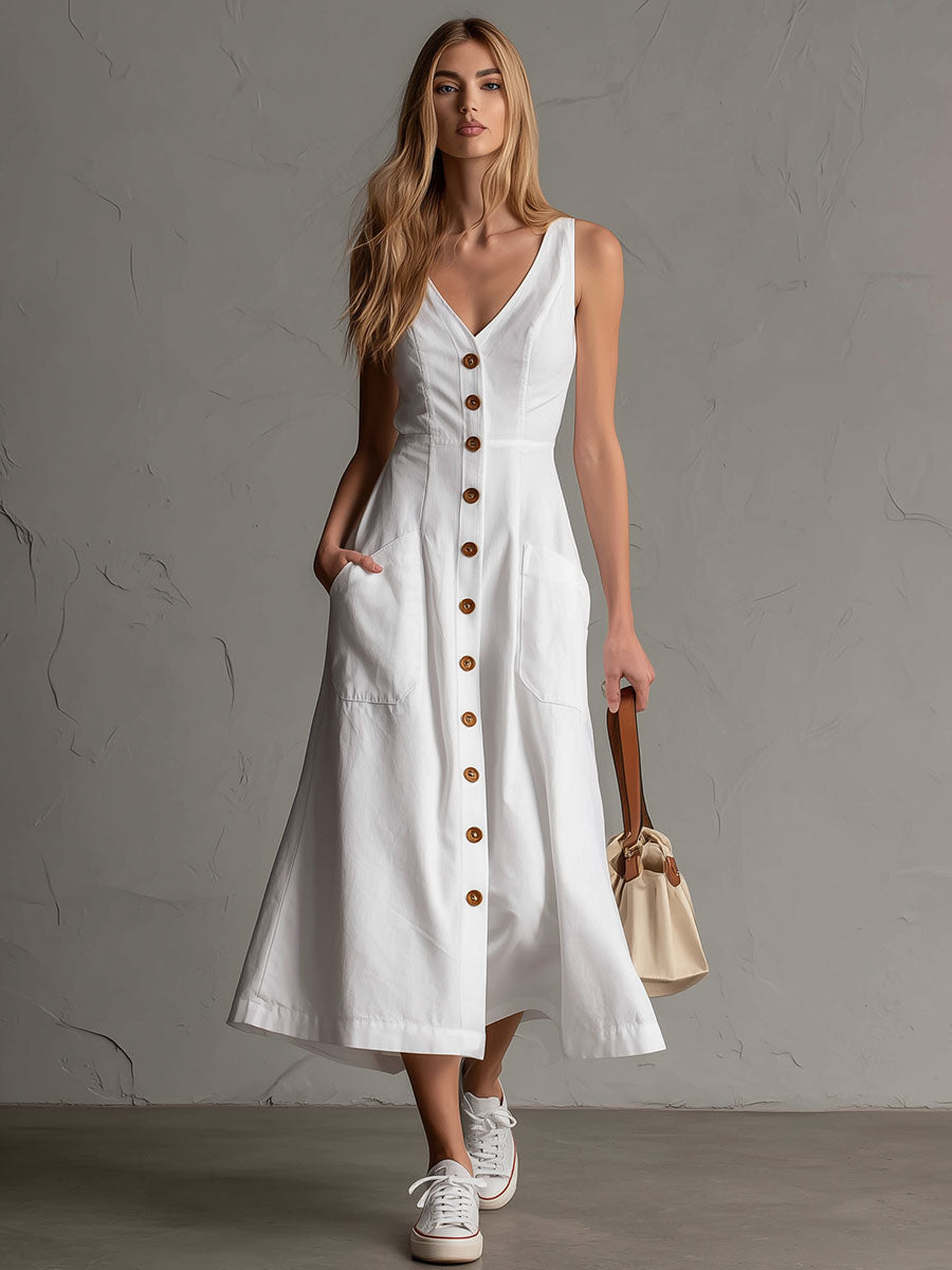 Casual Retro Style Button-down White V-neck Sleeveless Cotton Midi Dress