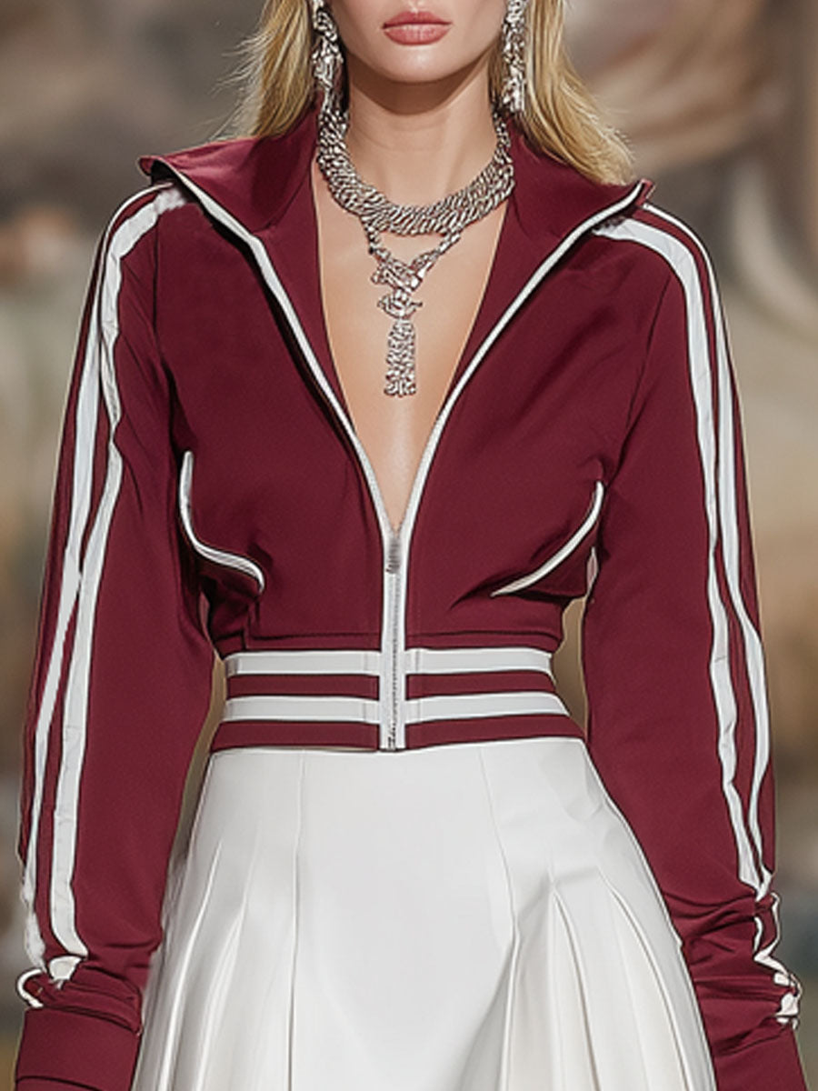 Stand-up Collar Zip-up Color-blocked Sweatshirt And Skirt Set