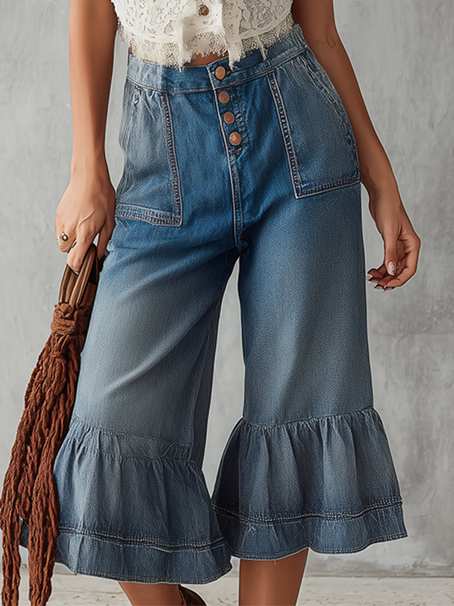 Trendy Street Style Ruffled Blue Denim Mid-length Pants