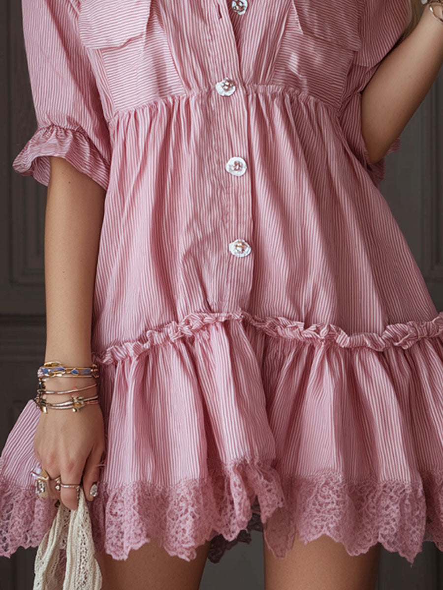 Cotton And Linen Striped Lapel Double Pocket Short-sleeved Mini Dress