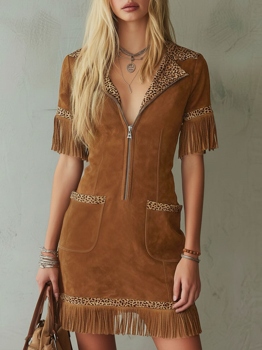 Leopard Print Lapel Zip-up Double Pocket Faux Suede Sleeveless Maxi Dress