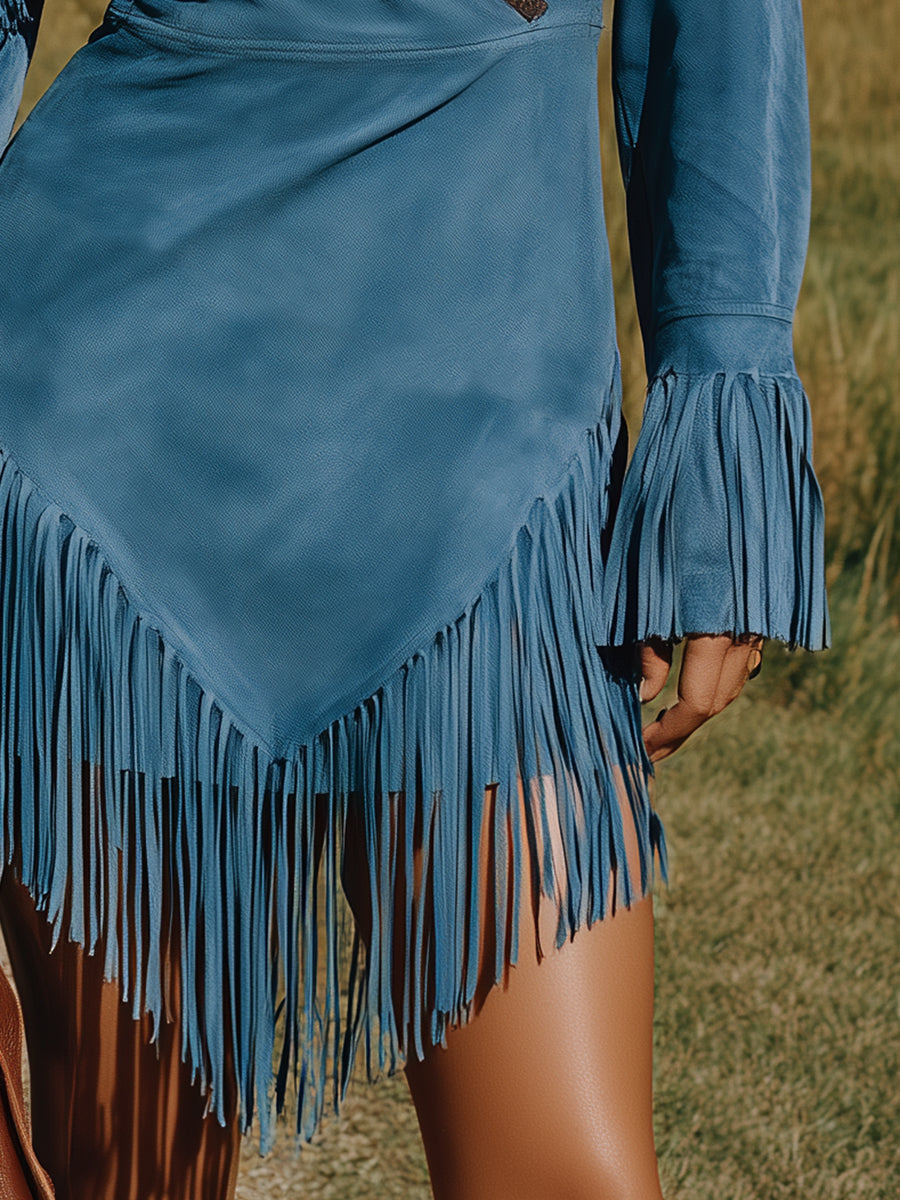 Western-style Blue Faux Suede Patchwork Mini Dress With Fringe Details.