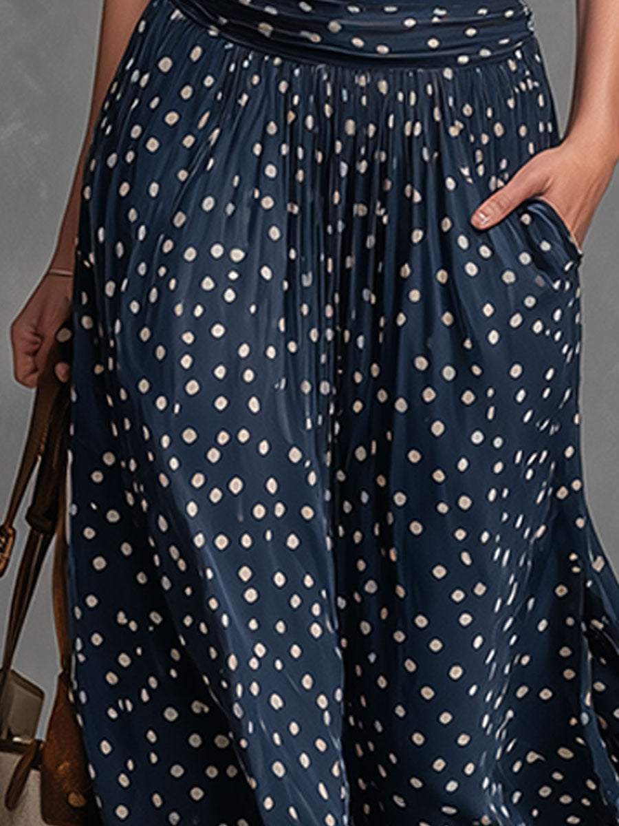 Casual Retro Style Blue V-neck Vest And Polka Dot Chiffon Skirt Set