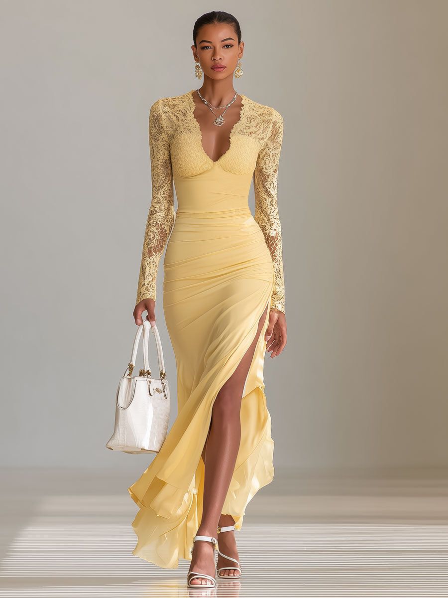 Elegant V-neck Lace-trimmed Long-sleeved Maxi Dress