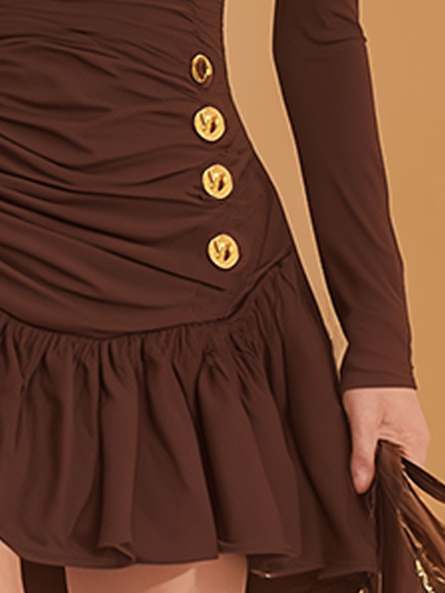Stylish Retro Button-embellished Brown High-neck Cotton Mini Dress