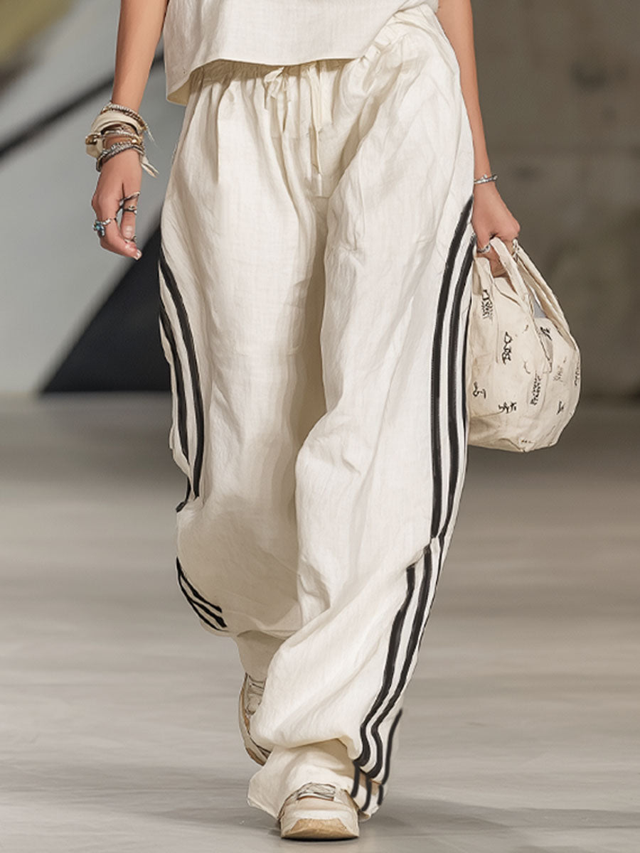 Color-blocked Top And Pants Cotton And Linen Set