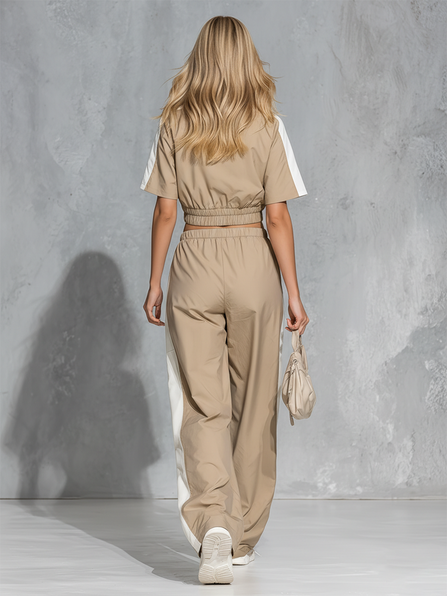 Sporty Casual Collared Zip-up Short-sleeved Top Paired With Trousers Set