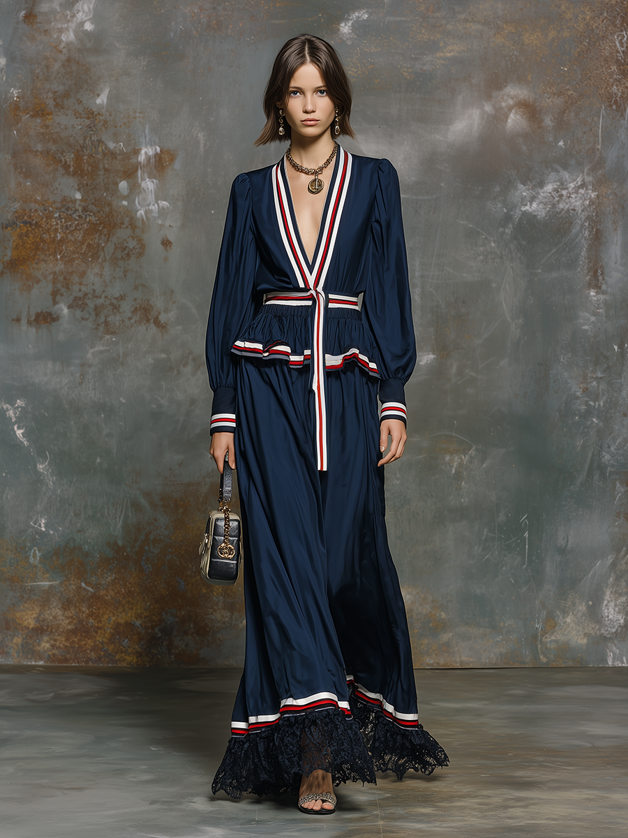 Retro V-neck Color-blocked Striped Satin Maxi Dress