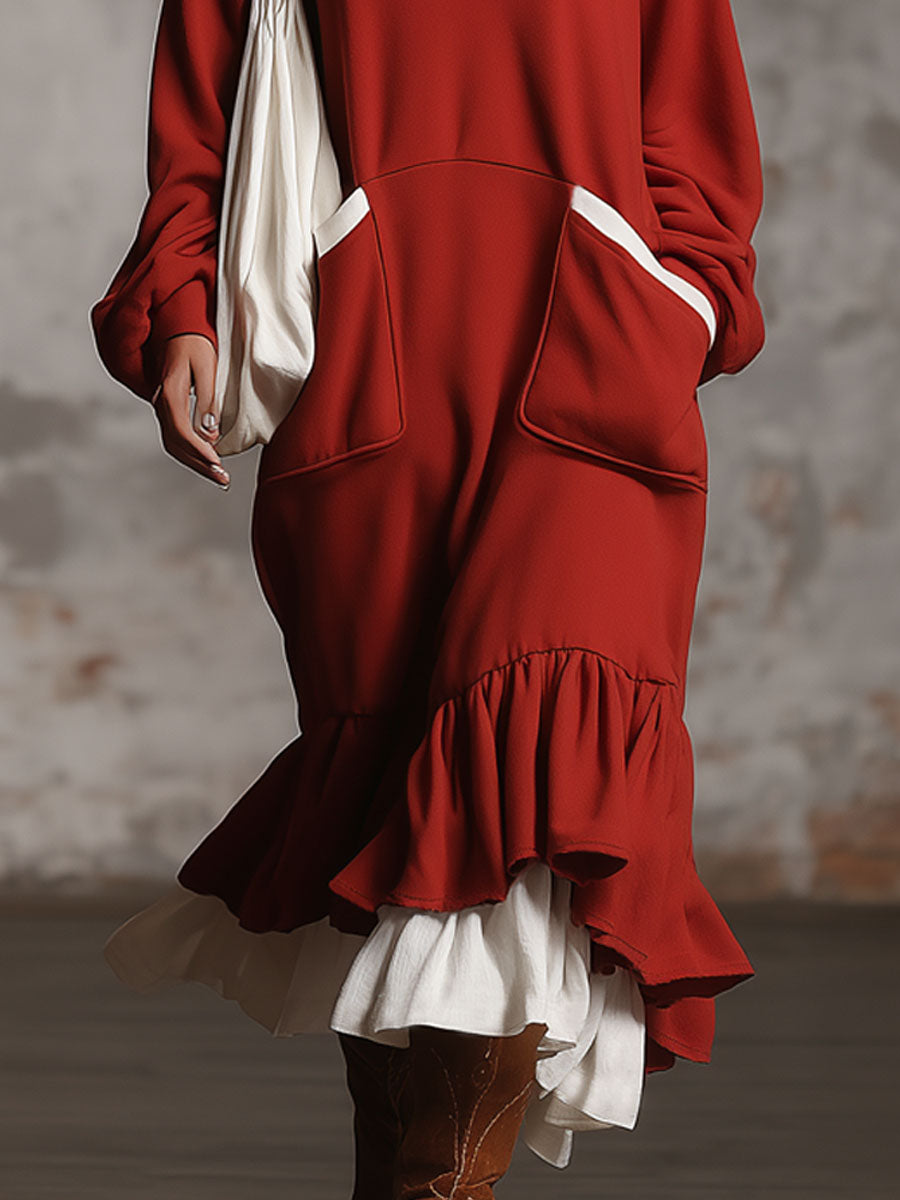 Loose-fitting, Sporty V-neck Color-block Long-sleeved Midi Dress