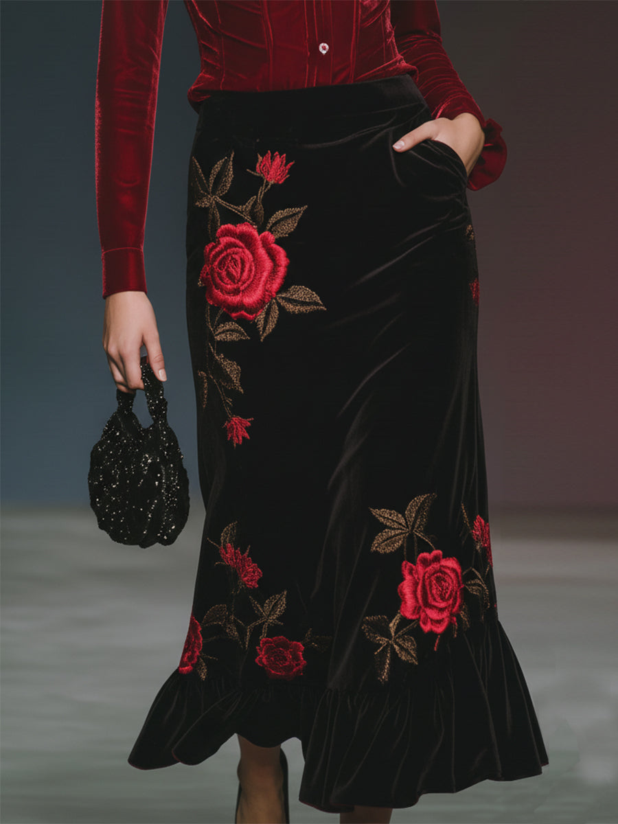 Casual And Stylish Red Velvet Shirt And Rose Embroidered Black Velvet Skirt Set
